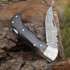 Handmade Damascus Folding Knife with Pocket Clip - 6.5'' Back Lock Folding Knife Bull Horn Handle - Camping Knife
