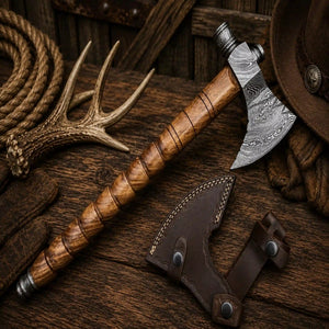 Western Style Smoking Pipe Tomahawk Axe – Handmade Damascus Steel with Rosewood Handle