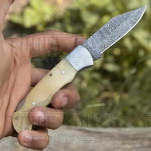 Handmade Damascus Pocket Knife - 6.5'' Back Lock Folding Knife Bone Handle - Camping Knife