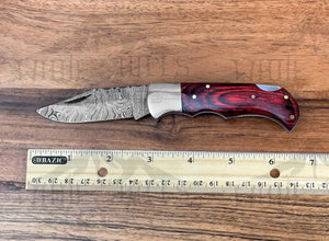 Handmade Damascus Pocket Knife - 6.5'' Back Lock Folding Knife Red Stained Wood Handle - Camping Knife