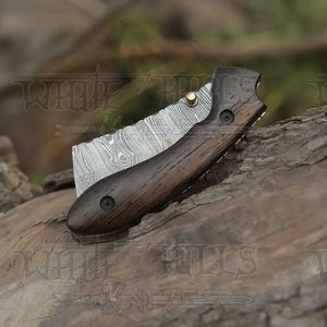 Handmade Damascus Pocket Knife - Folding Bull Cutter Knife - Wood Handle WH 5033
