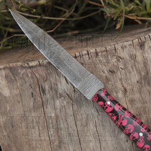 HANDMADE DAMASCUS STEEL DAGGER KNIFE - 10" FULL TANG KNIFE - Red Skull Resin Handle