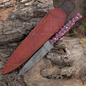 HANDMADE DAMASCUS STEEL DAGGER KNIFE - 10" FULL TANG KNIFE - Red Skull Resin Handle