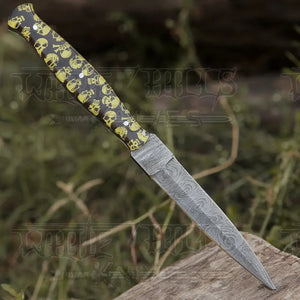 HANDMADE DAMASCUS STEEL DAGGER KNIFE - 10" FULL TANG KNIFE - Yellow Skull Resin Handle