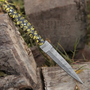 HANDMADE DAMASCUS STEEL DAGGER KNIFE - 10" FULL TANG KNIFE - Yellow Skull Resin Handle