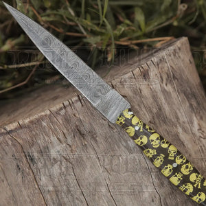 HANDMADE DAMASCUS STEEL DAGGER KNIFE - 10" FULL TANG KNIFE - Yellow Skull Resin Handle