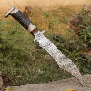 Handmade Damascus Steel Hunting Bowie Fix Blade Knife With Stag Antler Handle WH 4422