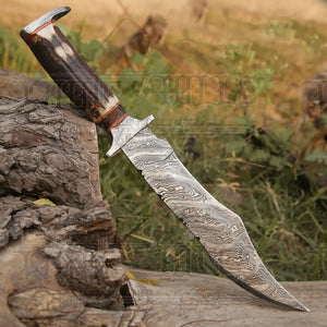 Handmade Damascus Steel Hunting Bowie Fix Blade Knife With Stag Antler Handle WH 4422