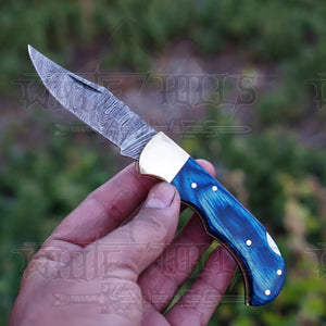 Handmade Damascus Steel Hunting Folding Knife with Pocket Clip - Camping Folding Blade With Blue Wood Handle WH 1256-CP