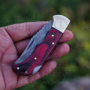 Handmade Damascus Steel Hunting Folding Knife with Pocket Clip - Camping Folding Blade With Red Wood Handle WH 1255-CP