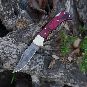 Handmade Damascus Steel Hunting Folding Knife with Pocket Clip - Camping Folding Blade With Red Wood Handle WH 1255-CP