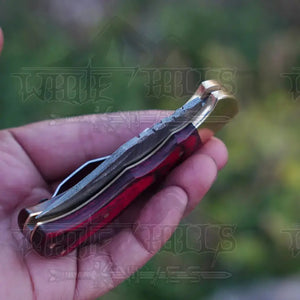 Handmade Damascus Steel Hunting Folding Knife with Pocket Clip - Camping Folding Blade With Red Wood Handle WH 1255-CP
