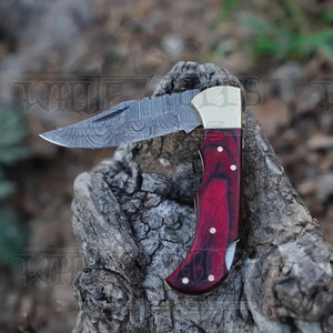 Handmade Damascus Steel Hunting Folding Knife with Pocket Clip - Camping Folding Blade With Red Wood Handle WH 1255-CP