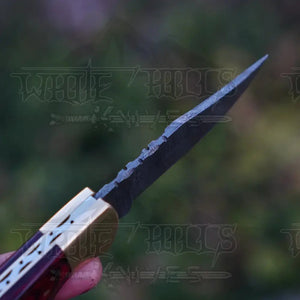 Handmade Damascus Steel Hunting Folding Knife with Pocket Clip - Camping Folding Blade With Red Wood Handle WH 1255-CP