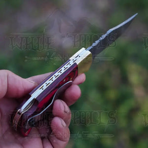 Handmade Damascus Steel Hunting Folding Knife with Pocket Clip - Camping Folding Blade With Red Wood Handle WH 1255-CP