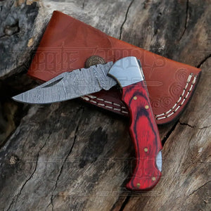 Handmade Damascus Steel Hunting Folding Knife with Pocket Clip - Camping Folding Blade With Wood Handle AR-CP