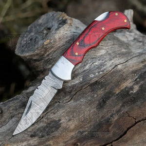Handmade Damascus Steel Hunting Folding Knife with Pocket Clip - Camping Folding Blade With Wood Handle AR-CP