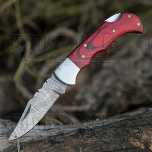 Handmade Damascus Steel Hunting Folding Knife with Pocket Clip - Camping Folding Blade With Wood Handle AR-CP