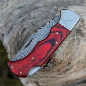 Handmade Damascus Steel Hunting Folding Knife with Pocket Clip - Camping Folding Blade With Wood Handle AR-CP