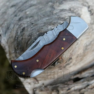 Handmade Damascus Steel Hunting Folding Knife with Pocket Clip - Camping Folding Blade With Wood Handle AT-CP