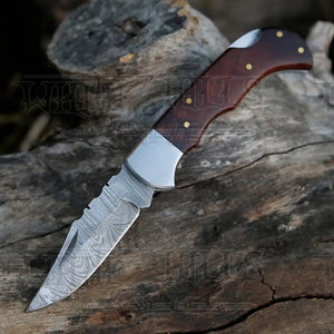 Handmade Damascus Steel Hunting Folding Knife with Pocket Clip - Camping Folding Blade With Wood Handle AT-CP