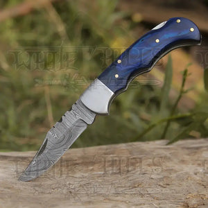Handmade Damascus Steel Hunting Folding Knife with Pocket Clip - Camping Folding Blade With Wood Handle WH 5024