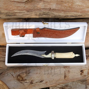HANDMADE DAMASCUS STEEL HUNTING KNIFE - 15" Damascus Hunting KNIFE - Camel Bone Handle