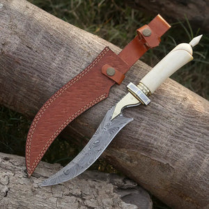 HANDMADE DAMASCUS STEEL HUNTING KNIFE - 15" Damascus Hunting KNIFE - Camel Bone Handle