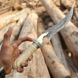 HANDMADE DAMASCUS STEEL HUNTING KNIFE - 15" Damascus Hunting KNIFE - Camel Bone Handle