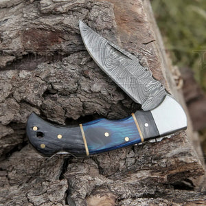 Handmade Damascus Steel Hunting Pocket Knife Camping Folding Blade With Black & Blue Dollar Sheet Handle