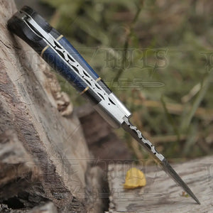 Handmade Damascus Steel Hunting Pocket Knife Camping Folding Blade With Black & Blue Dollar Sheet Handle