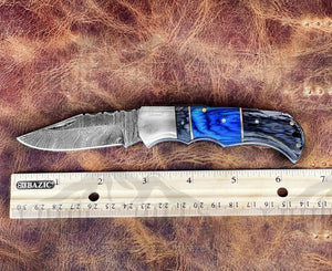 Handmade Damascus Steel Hunting Pocket Knife Camping Folding Blade With Black & Blue Wood Handle WH 4392