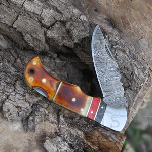 Handmade Damascus Steel Hunting Pocket Knife Camping Folding Blade With Cocobolo Wood Handle WH 4426