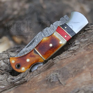 Handmade Damascus Steel Hunting Pocket Knife Camping Folding Blade With Cocobolo Wood Handle WH 4426