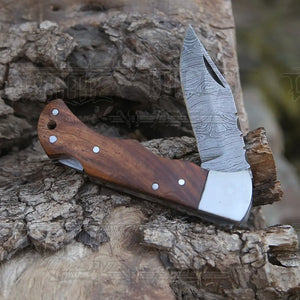 Handmade Damascus Steel Hunting Pocket Knife Camping Folding Blade With Wood Handle WH 4365