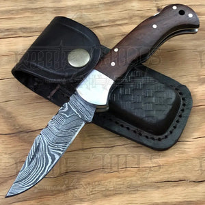 Handmade Damascus Steel Hunting Pocket Knife Camping Folding Blade With Wood Handle WH 4365