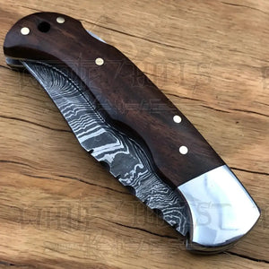 Handmade Damascus Steel Hunting Pocket Knife Camping Folding Blade With Wood Handle WH 4365