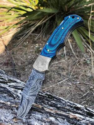 Handmade Damascus Steel Hunting Pocket Knife Camping Folding Blade With Wood Handle WH 4380
