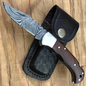 Handmade Damascus Steel Hunting Pocket Knife Camping Folding Blade With Wood Handle WH 4381