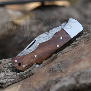 Handmade Damascus Steel Hunting Pocket Knife Camping Folding Blade With Wood Handle WH 4381