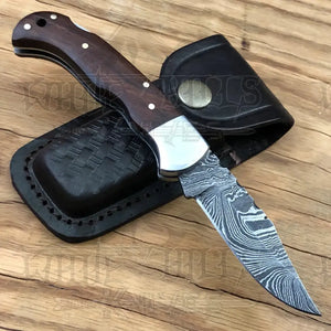 Handmade Damascus Steel Hunting Pocket Knife Camping Folding Blade With Wood Handle WH 4381