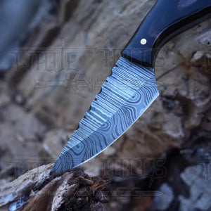 Handmade Damascus Steel Knife - Buffalo Horn Handle - 5" Full Tang Hunting & Camping Knife - SK-028
