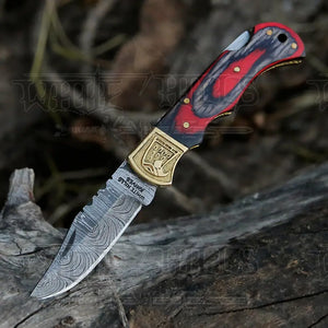 HANDMADE DAMASCUS STEEL POCKET KNIFE - Folding Knife- Stain Wood Handle With Engraved Brass Eagle Bolster WH 5043