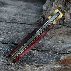 HANDMADE DAMASCUS STEEL POCKET KNIFE - Folding Knife- Stain Wood Handle With Engraved Brass Eagle Bolster WH 5043