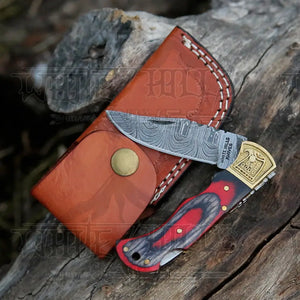 HANDMADE DAMASCUS STEEL POCKET KNIFE - Folding Knife- Stain Wood Handle With Engraved Brass Eagle Bolster WH 5043