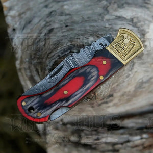 HANDMADE DAMASCUS STEEL POCKET KNIFE - Folding Knife- Stain Wood Handle With Engraved Brass Eagle Bolster WH 5043