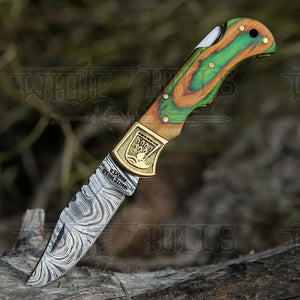 HANDMADE DAMASCUS STEEL POCKET KNIFE - Folding Knife- Stain Wood Handle With Engraved Brass Eagle Bolster WH 5044