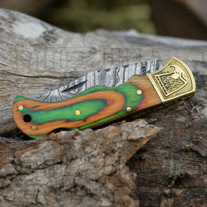 HANDMADE DAMASCUS STEEL POCKET KNIFE - Folding Knife- Stain Wood Handle With Engraved Brass Eagle Bolster WH 5044