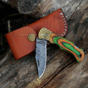 HANDMADE DAMASCUS STEEL POCKET KNIFE - Folding Knife- Stain Wood Handle With Engraved Brass Eagle Bolster WH 5044
