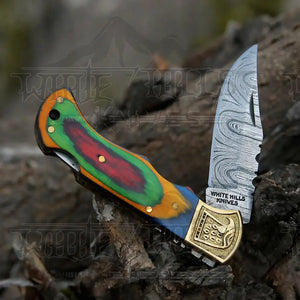 HANDMADE DAMASCUS STEEL POCKET KNIFE - Folding Knife- Stain Wood Handle With Engraved Brass Eagle Bolster WH 5045